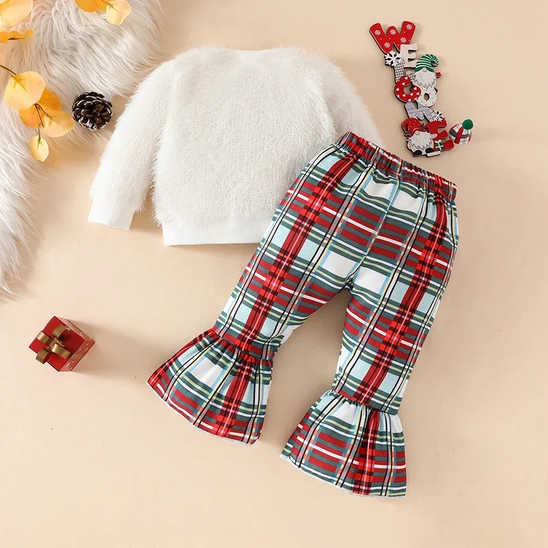 Toddler Kids Baby Girl Christmas Clothes Deer Embroidery Crew Neck Long Sleeve Sweatshirts Plaid Flare Pants Xmas Clothes Sets