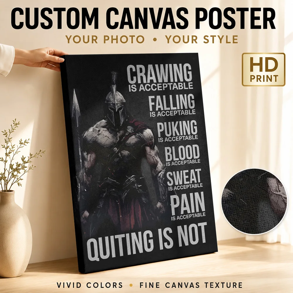 Spartan Warrior Never Quit Quote Framed Canvas Print Customized Photo Typography Wall Art For Training Room, Goal Setter Gift