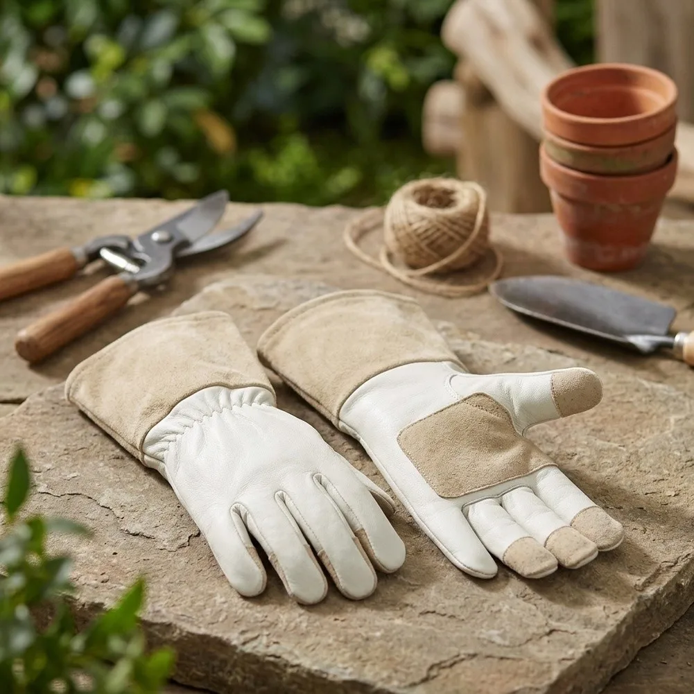 Gardening Gloves Made of Full Pigskin Leather with Extended Cuff for Outdoor Yard Maintenance Flowering Shrub Trimming Tasks