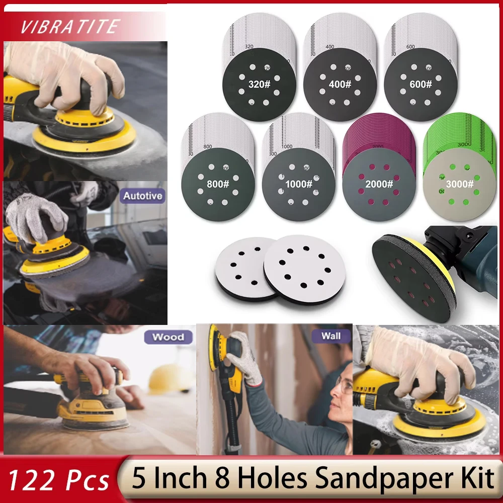 122 Pcs 5 Inch 8 Hole Hook & Loop Wet/Dry Sanding Discs with 2 Interface Pads Assorted Grits 320-3000 for Car Wood and Meta