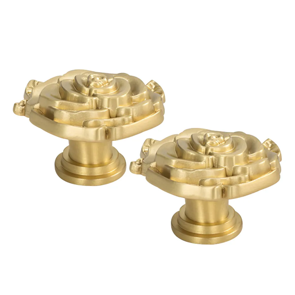 2Pcs Luxe French Brass Rose Floral Drawer Knobs Vintage Cabinet Pulls Decorative Dresser Handles Gold Hardware for Wardrobe