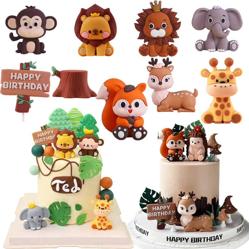 Jungle Safari Animal Cake Topper Monkey Elephant Leaves Grass for Baby Shower Cake Decor Kids First Birthday Party Supplies