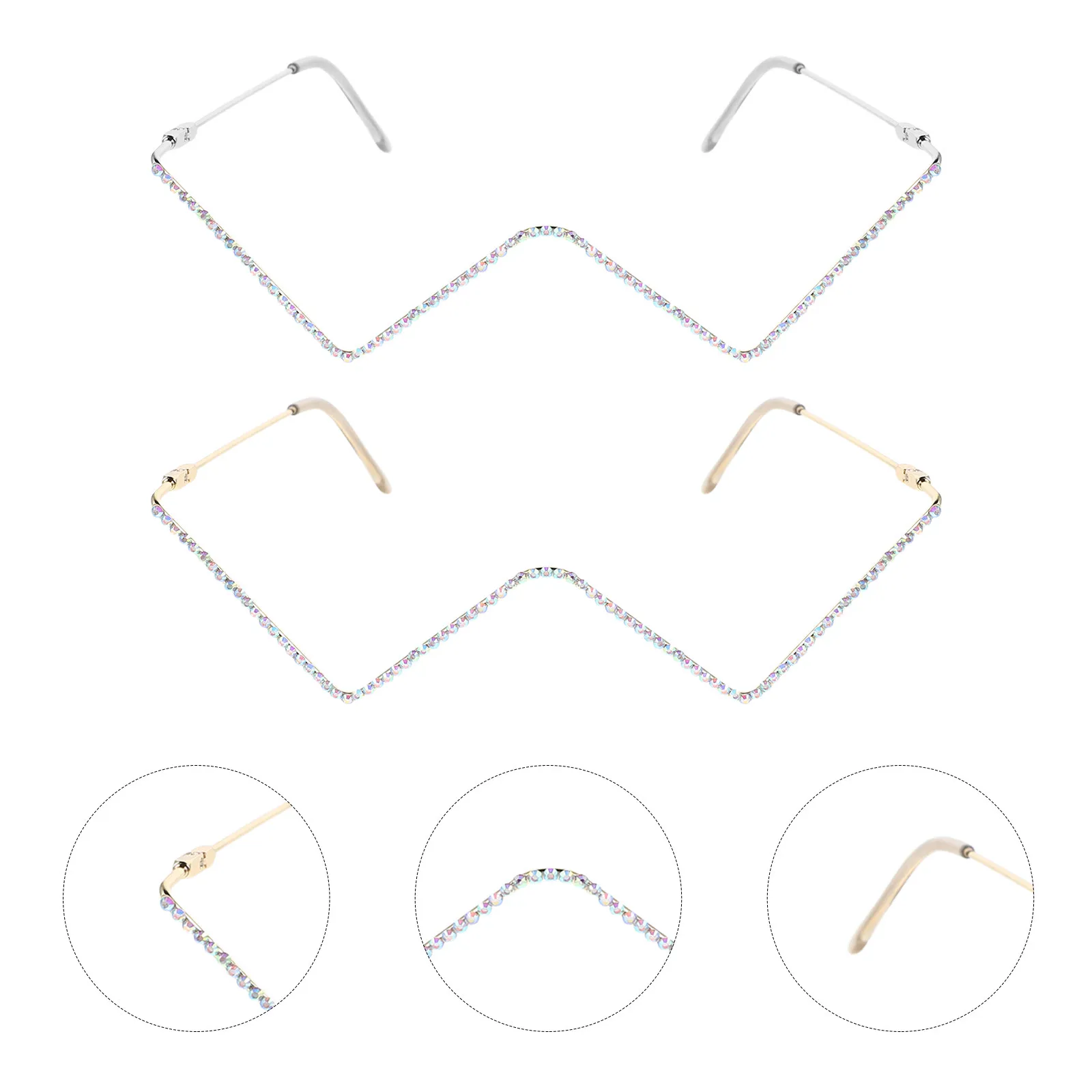 

2Pcs Triangular Vshape Lensless Metal Frames Rhinestone Sparkling Glasses Fashion Eyeglass Frames Daily Use Crystal Eyeglasses