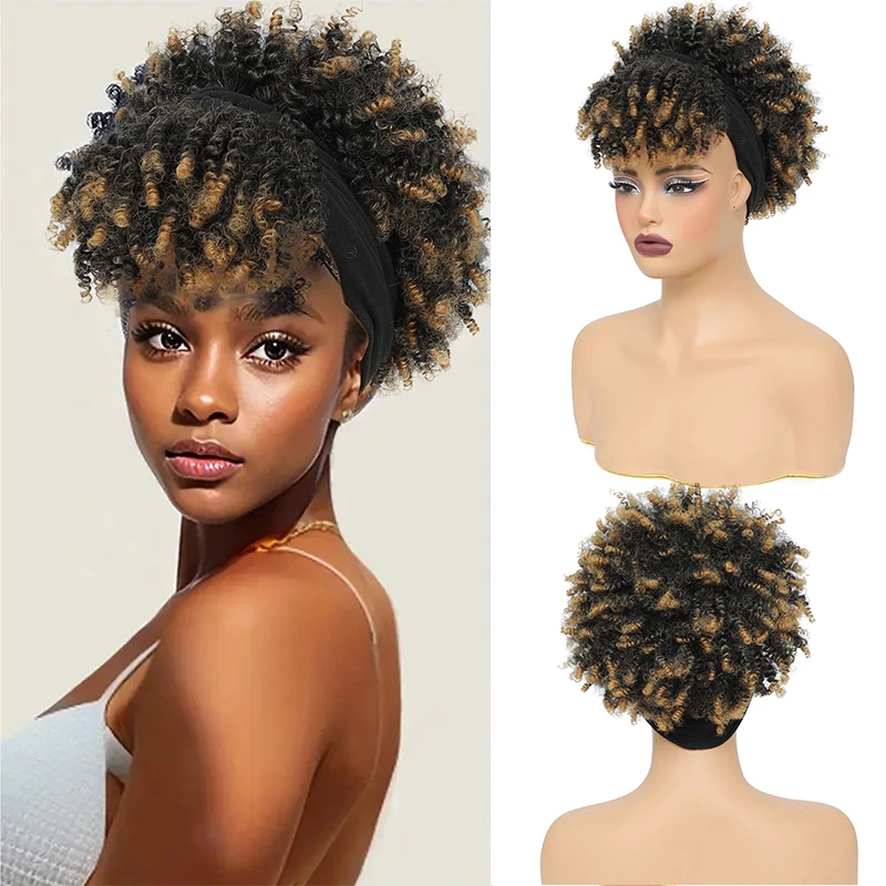 Afro Kinky Curly Headband Wig with Bangs Short Ombre Blonde Deep Curly Scarf Wigs for Women Synthetic Fluffy Curly Headband Wig