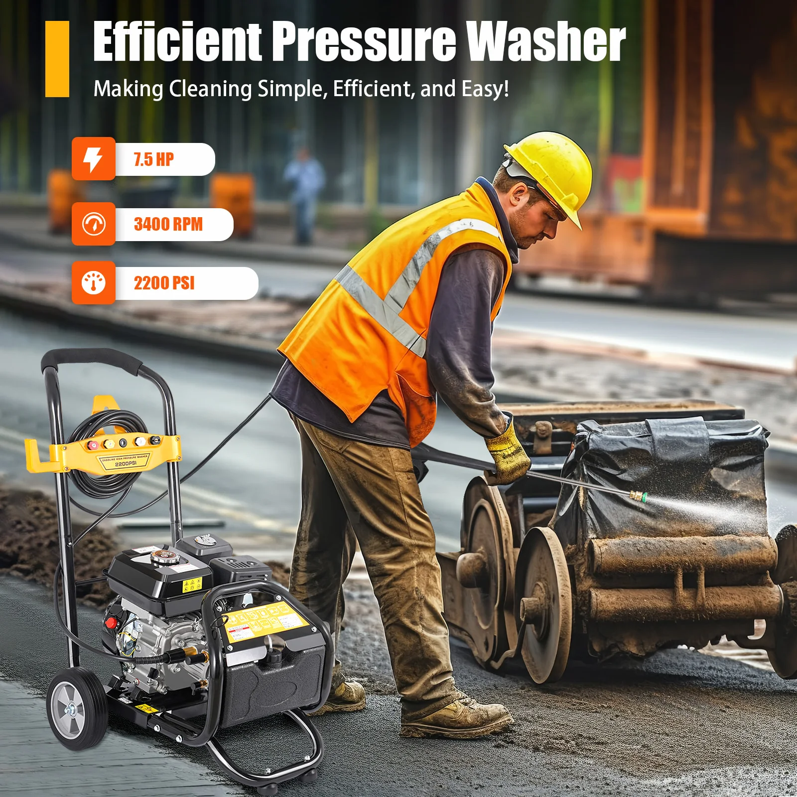 7.5HP Petrol Pressure Washer 9L/min Engine High Power Jet Cleaner Tool Jet/Power Washers for Patio and Car Jet