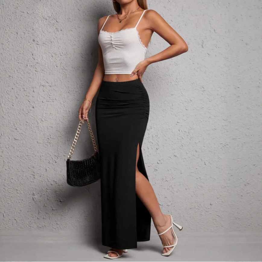 

2026 Spring and Summer Solid Color High Waist Elegant Pleated Slit Thigh Skirt New Women's Clothing