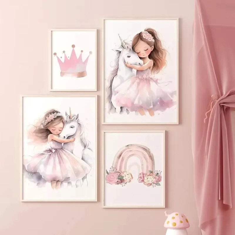 Pink Princess Rainbow Unicorn Castle Crown Custom Name Wall Art Canvas Painting Poster ＆ Print Pictures For Girl Kids Room Deco