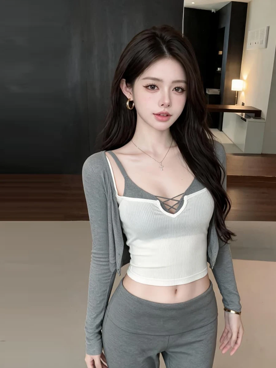 Sweet And Spicy Hollow out Strap Thin Vest Long Sleeve Women's Inner Wear Three Piece Set with Chest Pad Casual Style Fashion