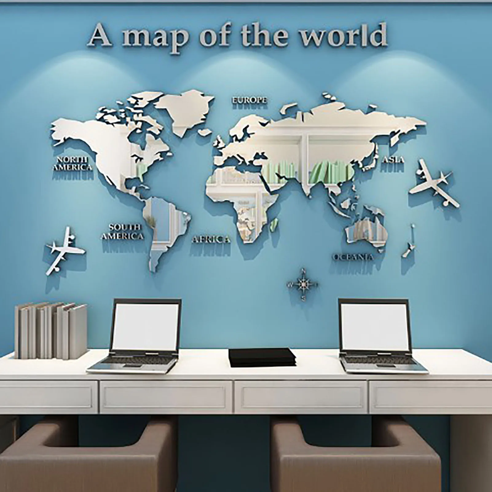 Pegatina de pared de mapa del mundo 3D, pegatinas acrílicas de espejo de pared de mapa del mundo 3D para oficina, estudio, sala de estar, dormitorio, Plata