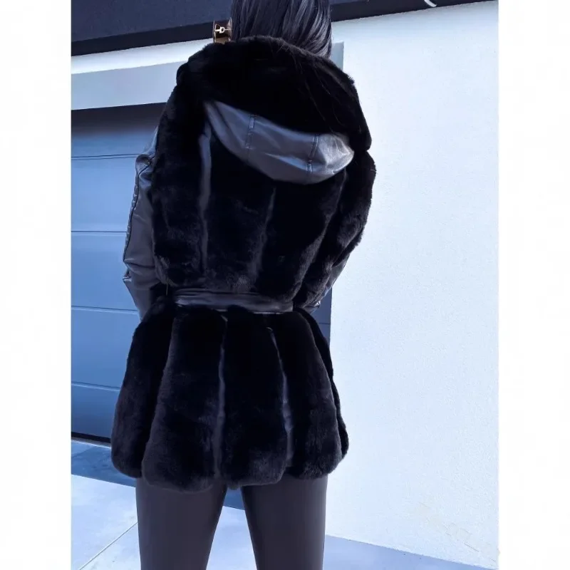 Women's Warm Faux Fur Coat with Belt Medium Long Styles Coat Hooded Solid Zipper Jacket Spliced Long Sleeves Winter New 2025