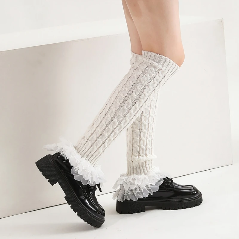 Fairycore Women Cable Knit Stretch Leg Warmer Socks Layered Ruffled Lace Trim Patchwork Student Leg Cover Boot Cuffs