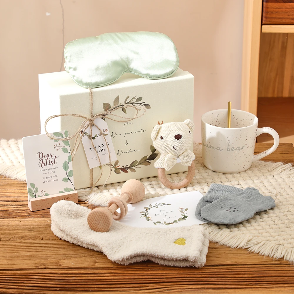 new-mom-and-baby-gift-basket-set-bear-rattle-ceramic-mug-golden-spoon-socks-sleep-mask-12-affirmation-cards-exquisite-gift-box