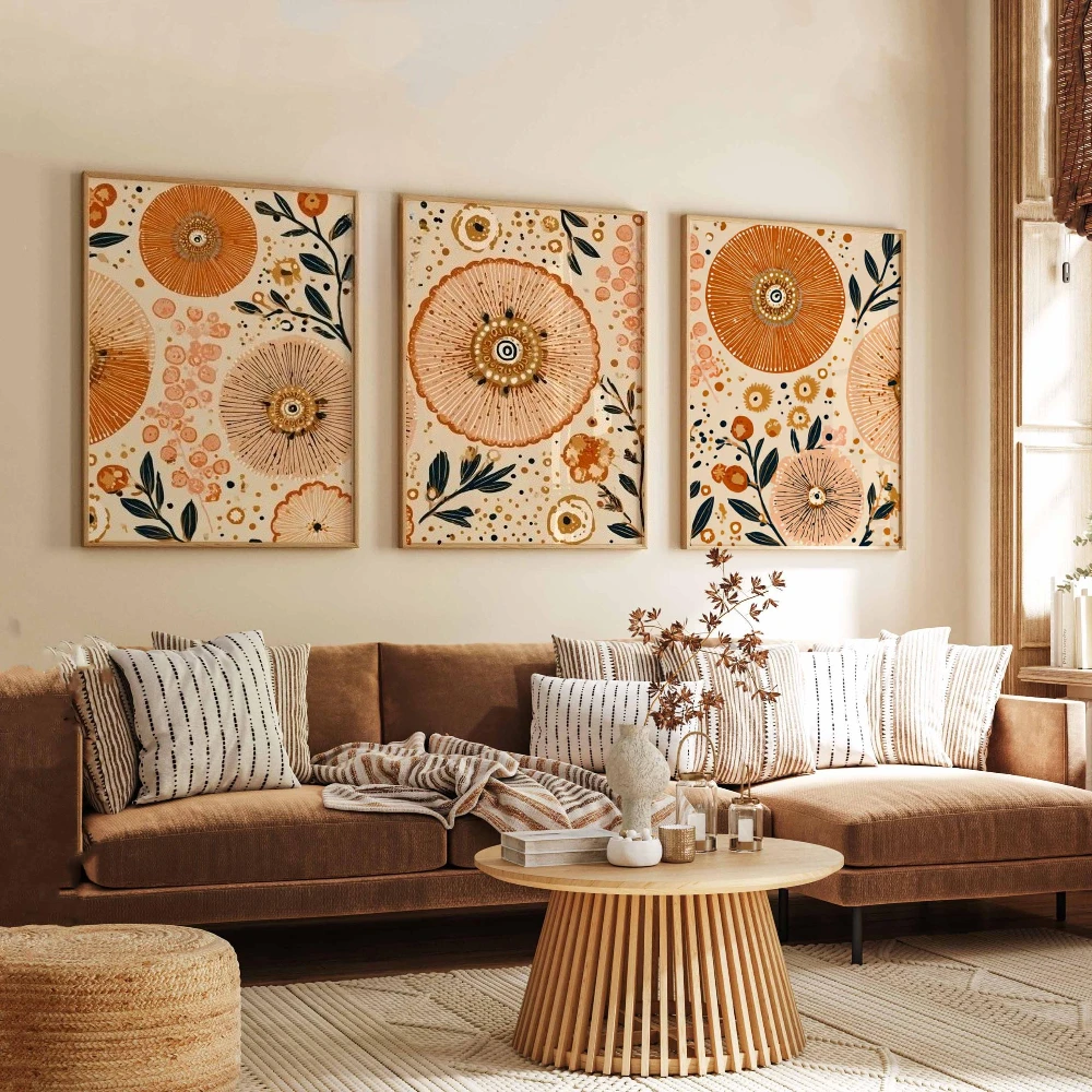 3pcs frameless Canvas Painting Boho Floral Wall Art Abstract Botanical Prints Poster Orange Beige Modern Sunburst Flower Art for
