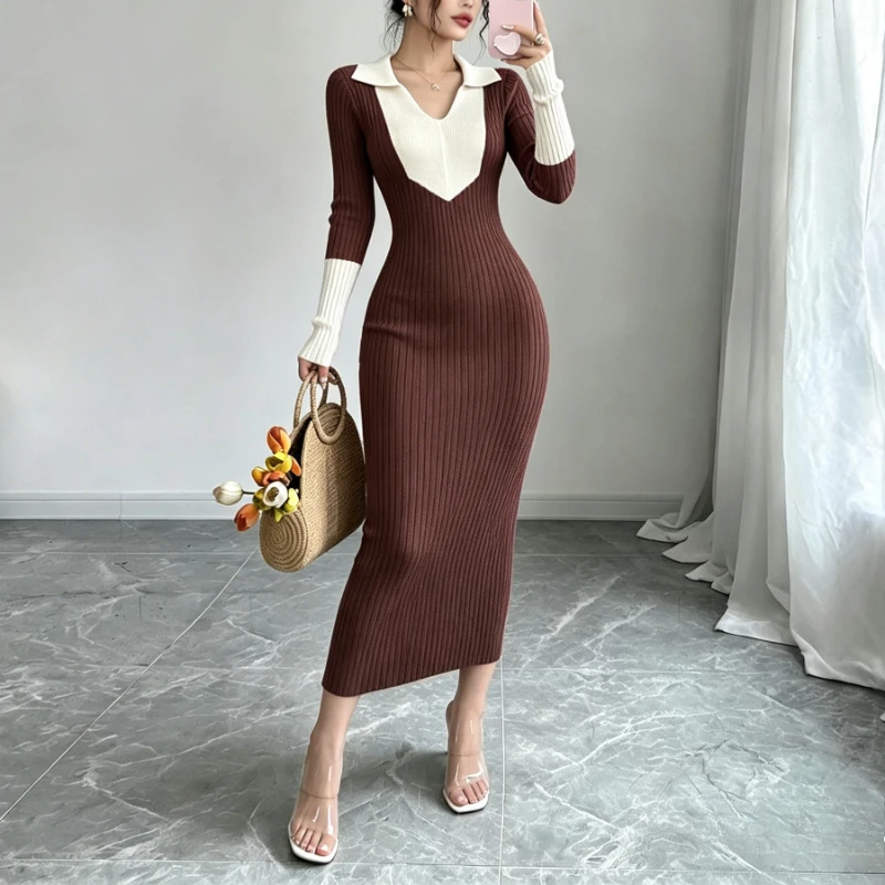 Damen Maxi-Kleid mit Block-Polokragen, elastischem Rippstrick, langen Ärmeln, figurbetontem Pullover-Look, schlankes, elegantes Party-Outfit – Detail 4