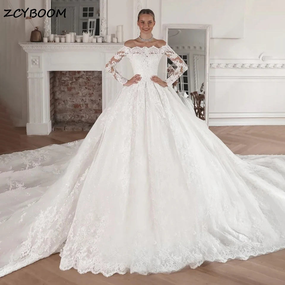 Elegant Boat Neck Lace Appliques Long Sleeves Wedding Dress 2026 Princess Ball Gown Cathedral Train Bride Gown Vestidos De Novia