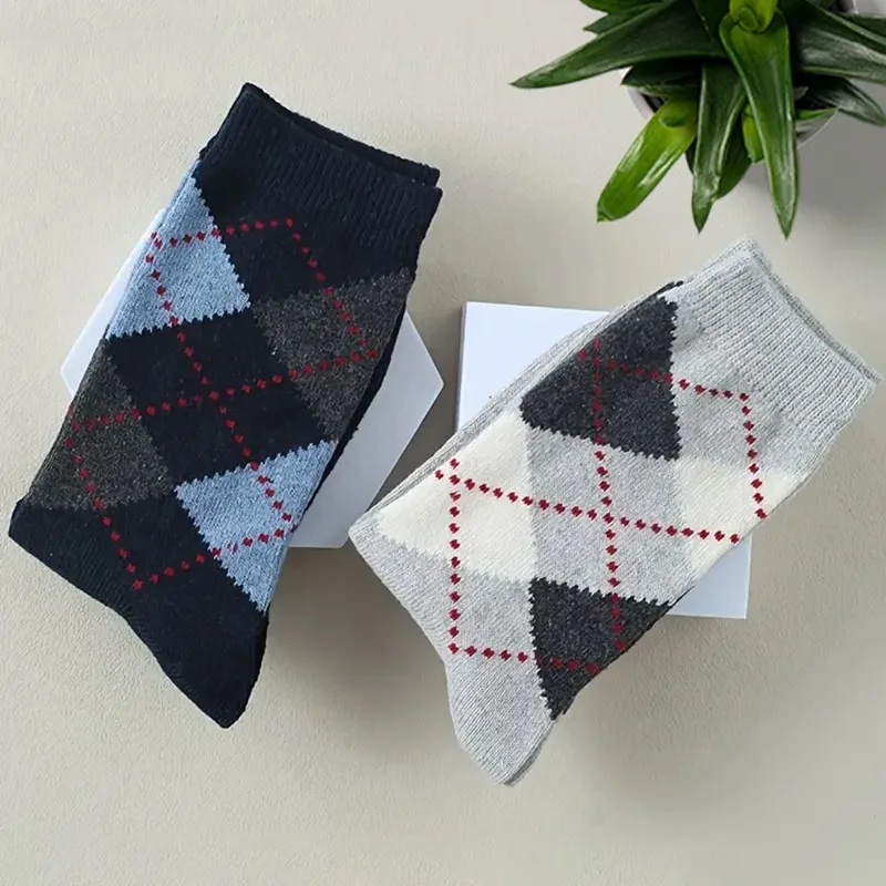 

5 пар мужских шерстяных носков с ромбовидным узором, теплые зимние носки средней длины, утолщенные, мягкие, морозостойкие, мужские носки для ботинок