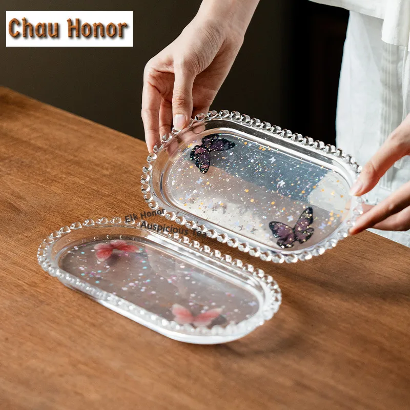 Glass Butterfly Tea Tray Zen Cake Rack Coffee Storage Board Cutlery Organizer Dishes for Serving Tea Services Accessories Craft