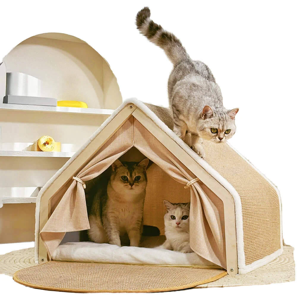 

High-quality wooden frame cat house, indoor pet tent with jute scratch pad, with animal pattern, for dog living room use