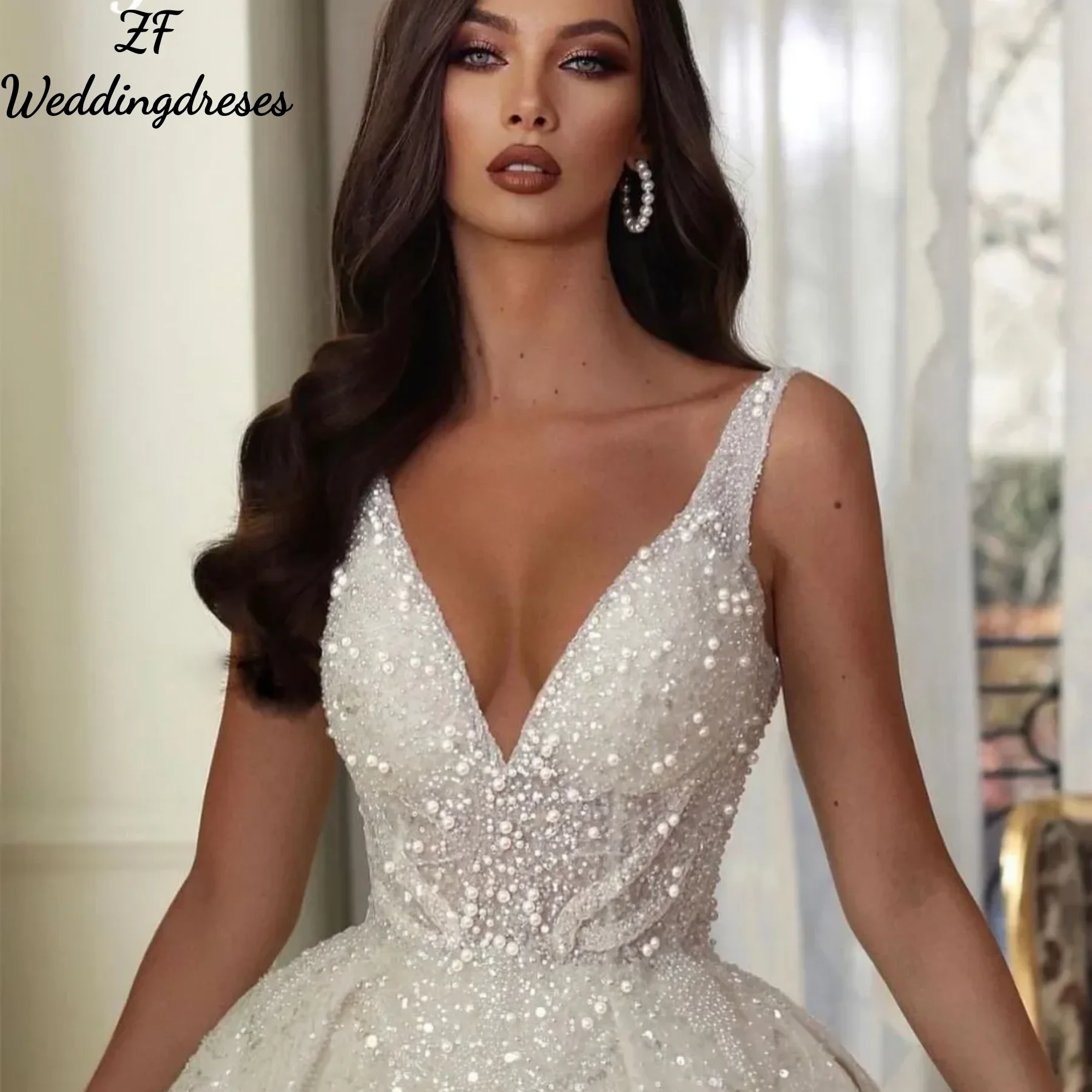 zfCustomized Stylish Ball Gown WeddingDresses Sleeveless VNeck Sequins Straps Appliques Lace Side Slit Pearls Bridal Gowns Dress