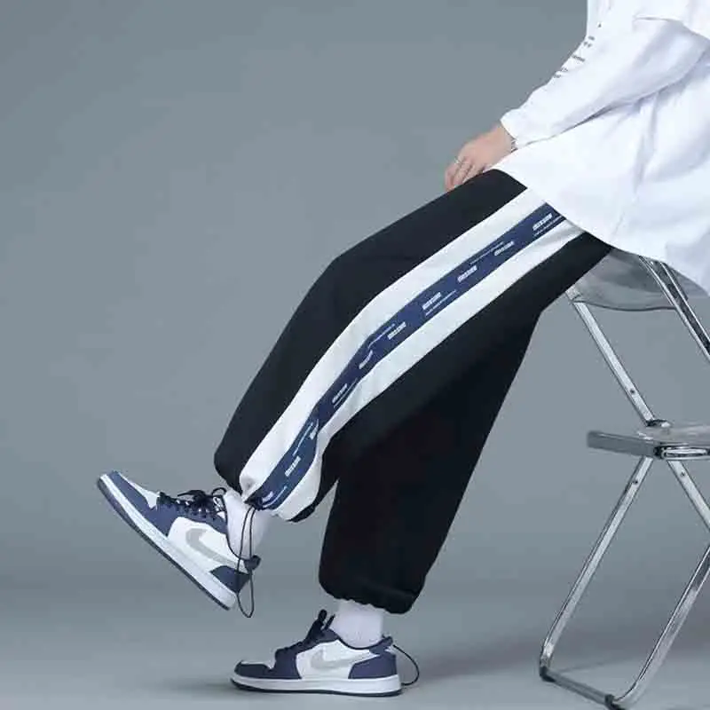 Autumn Winter Fleece Korean Student Casual Sports Loose Wide Leg Pants Patchwork Stripe Pocket Drawstring Straight Trousers 2023