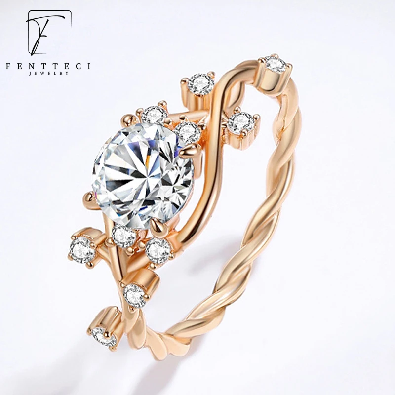 

FENTTECI 2023 Flowers Moissanite Diamond Ring For Woman 925 Sterling Silver 18K Rose Gold Plated Wedding Engagement Fine Jewelry