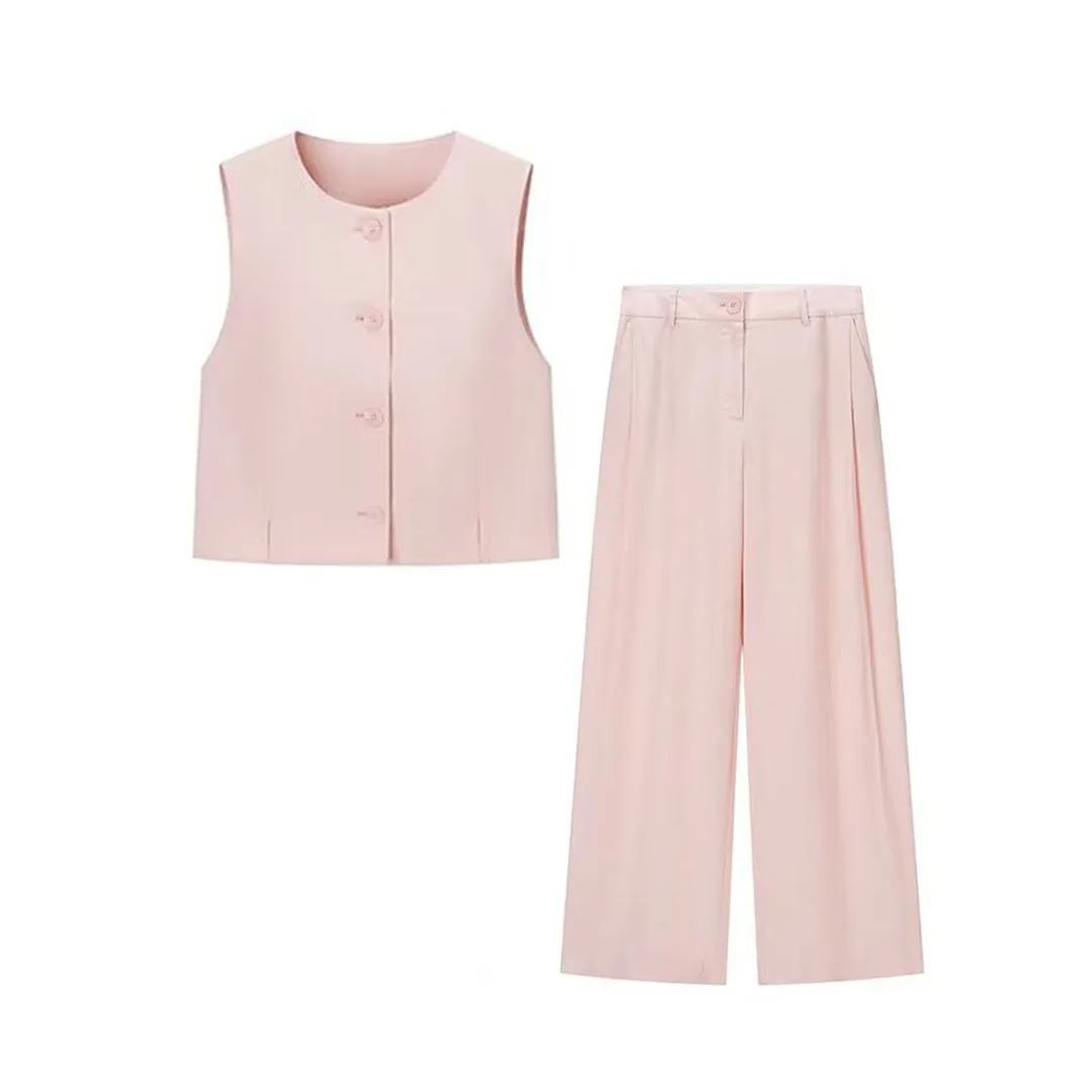 

Summer New Solid Split Single Breasted Vest Top Ladies High Waist Pleated Wide Leg Pant Autumn Two Pieces Pant Set for Women