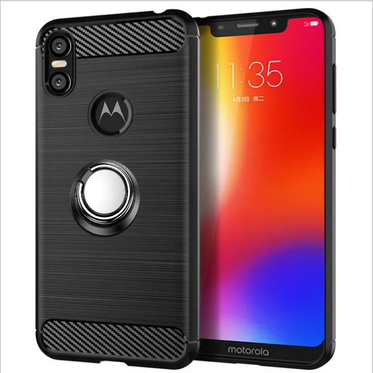 Funda de teléfono de fibra de carbono cepillada de lujo para Motorola Moto One P30 Play XT1941-1 XT1941-3 Moto One funda con soporte de anillo magnético