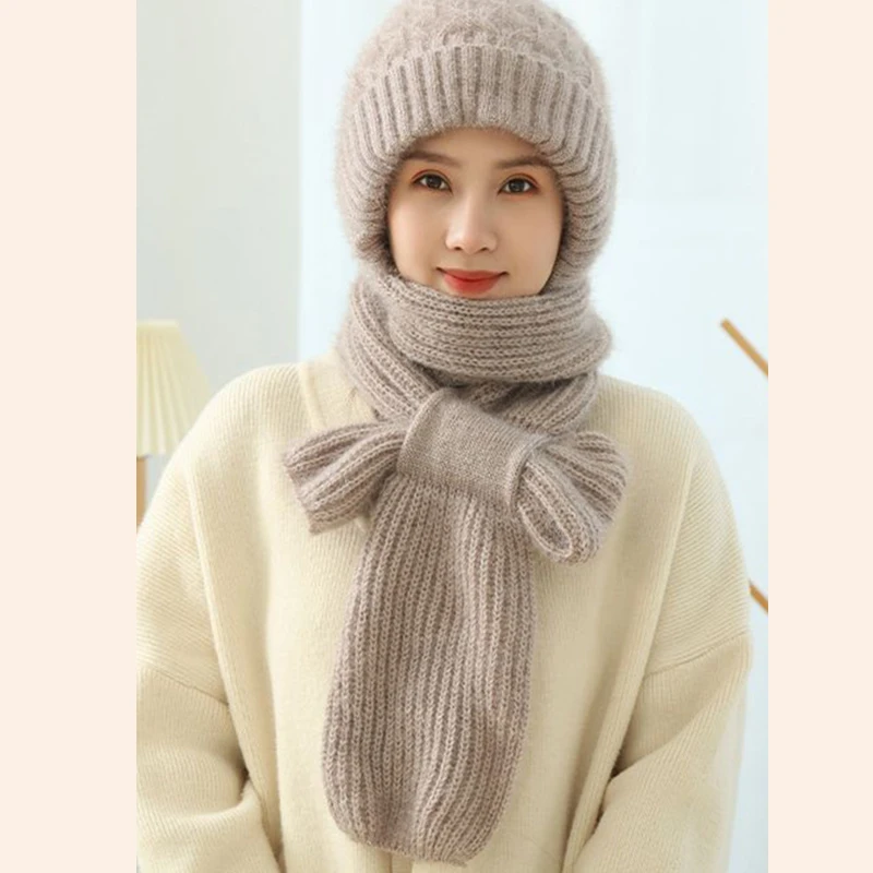 New Winter Knitted Skullies Hat Scarf Set Ear Protection Warm Hat Scarf Thickened Outdoor Ski Female Beanie Cap Hooded Scarf