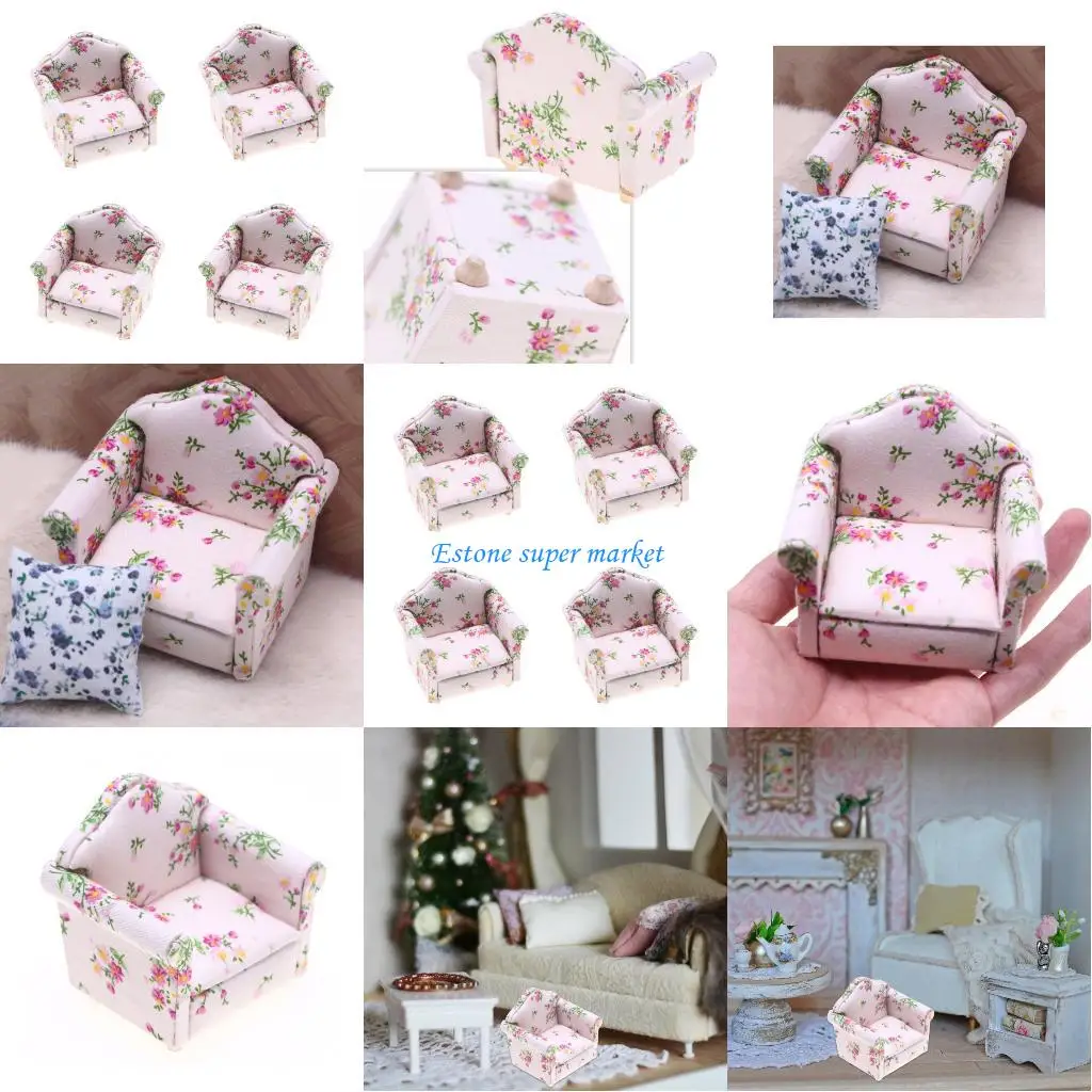 

090B Цветочная ткань 1/12 Миниатюрный диван Игрушечная мебель Дизайн для хранения плюшевых ювелирных изделий