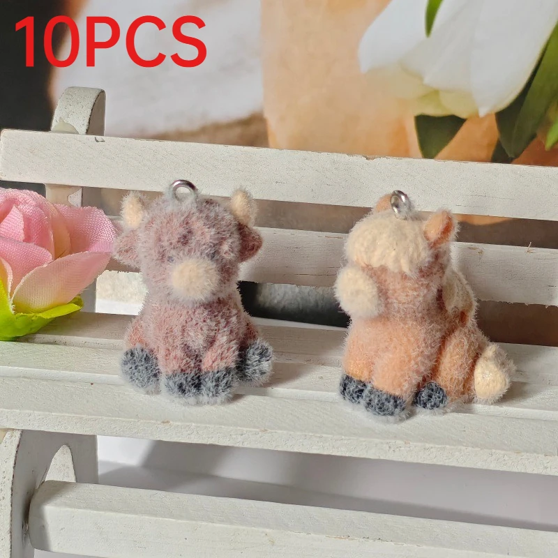 10Pcs Cute Flocking Highland Cow Alpaca Charms Fluffy Animal Pendants DIY Earrings Necklace Keychain Accessories