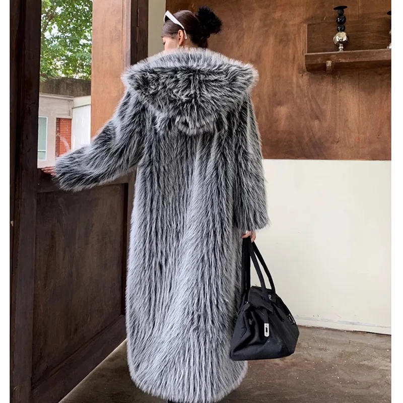 Women's Fall/Winter Cat Ear Hooded Fluffy Black White Fur Jacket Faux Wool Knee-length Long Warm Coat Long Trench Coat Cardigan