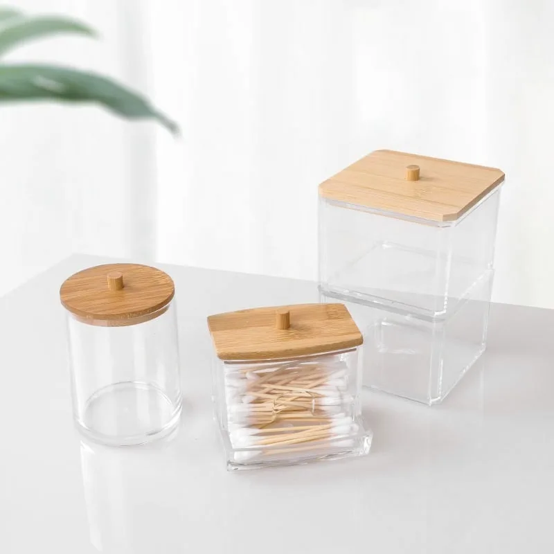 Furniture Makeup Organizer Cosmetic Box Bamboo Lids Clear Plastic Bathroom Storage Jars Cotton Swab Holder Dispenser Containers