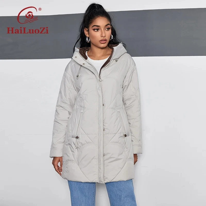 Hailuozi 2024 neuer frühlings damen mantel mittellanger dünner baumwoll schmaler parkas schräge taschen frauen jacke mit kapuzen reiß verschluss