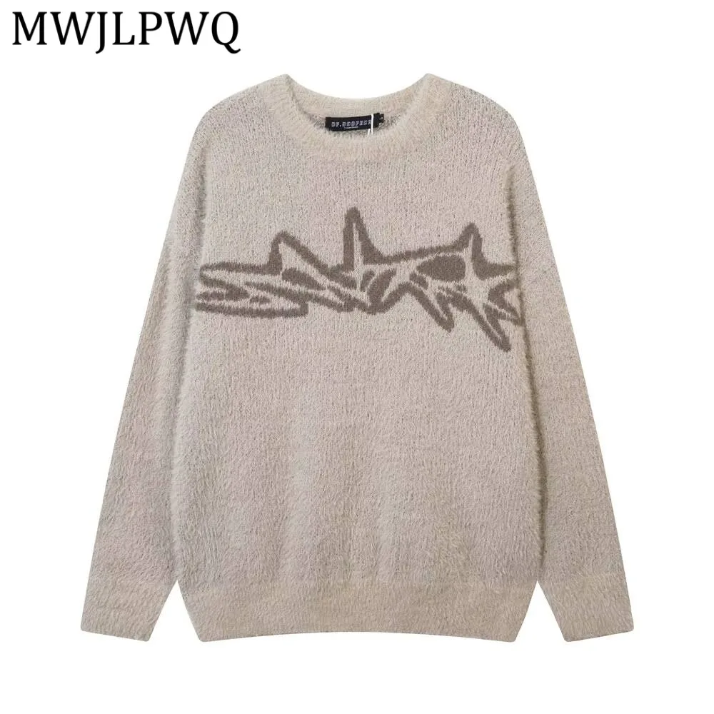 

MWJLPWQ Round Neck Letter Jacquard Men's Sweater American Style Street Style Long Sleeve Spring Loose Pullover Casual Tops 21878