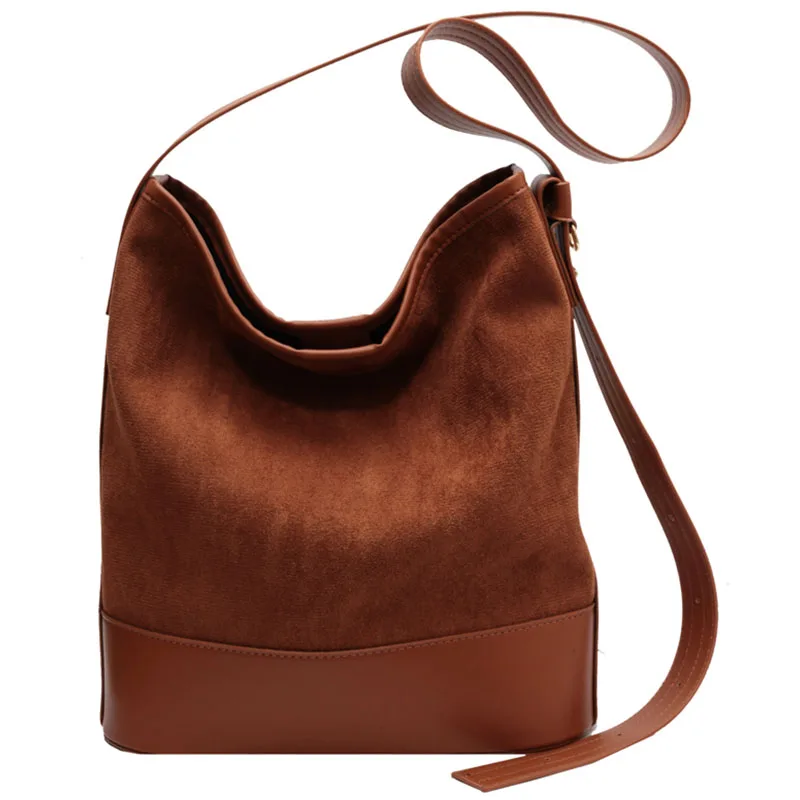 Retro Suede Leather Large Capacity Bucket Bag Women Popular Pu Patchwork Shoulder Pack Casual Female Crossbody Bags