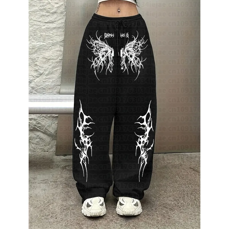 Women's Kid Casual Sporty Long Pants, Thorn-like Butterfly Pattern Print, Elastic Waist Drawstring Wide-Leg Straight-Leg