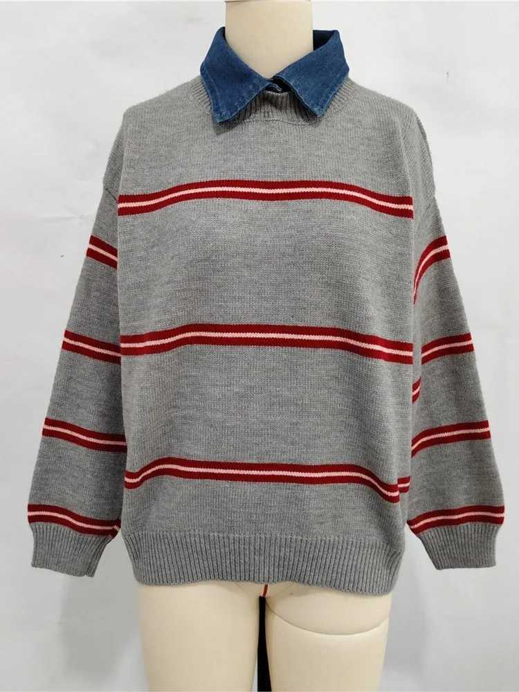 Осенне-зимний вязаный свитер с лацканами, женский контрастный цвет, универсальный полосатый повседневный свободный пуловер с длинными рукавами