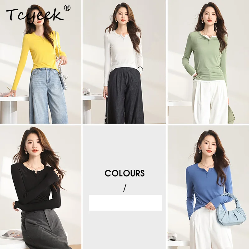 Tcyeek-Elegante maglietta in maglia da donna, seta di gelso al 6%, manica lunga, morbida e confortevole, top OL per pendolari, autunno inverno T40407QM