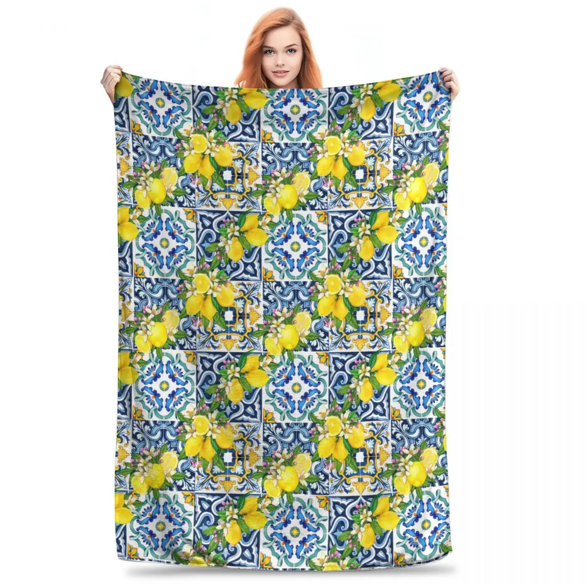 Bright Mediterranean Sicilian Tiles With Citrus Lemons Blankets Flannel Warm Sofa Throw Blankets For Couch Bedding Office Quilt