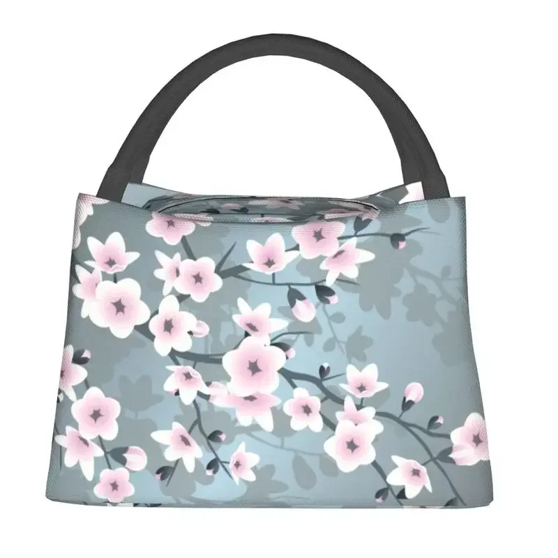 Dusky Pink Sakura Cherry Blossom Insulated Lunch Tote Bag for Women Japanese Flowers Resuable Thermal Cooler Bento Box