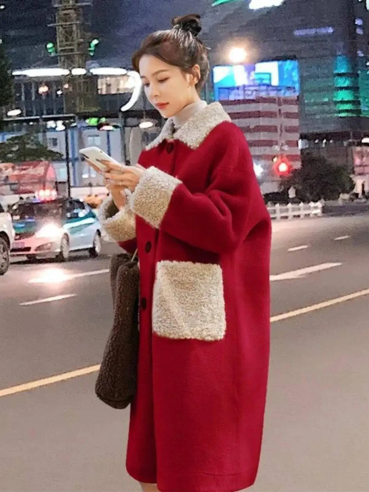

Winter New Faionable Loose Women's Coat Large Size Lamb Fur Simulation Long Collar Color Blo Middle Length Jaet