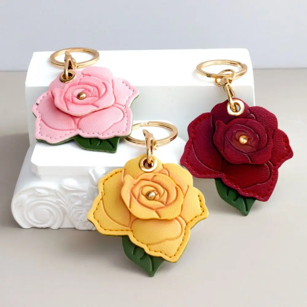 

PU Leather Rose Flower Bag Keychain Metal Key Ring Portable Entrance Guard Card Holder 3D Rose Elegant Bag Hanging Ornament
