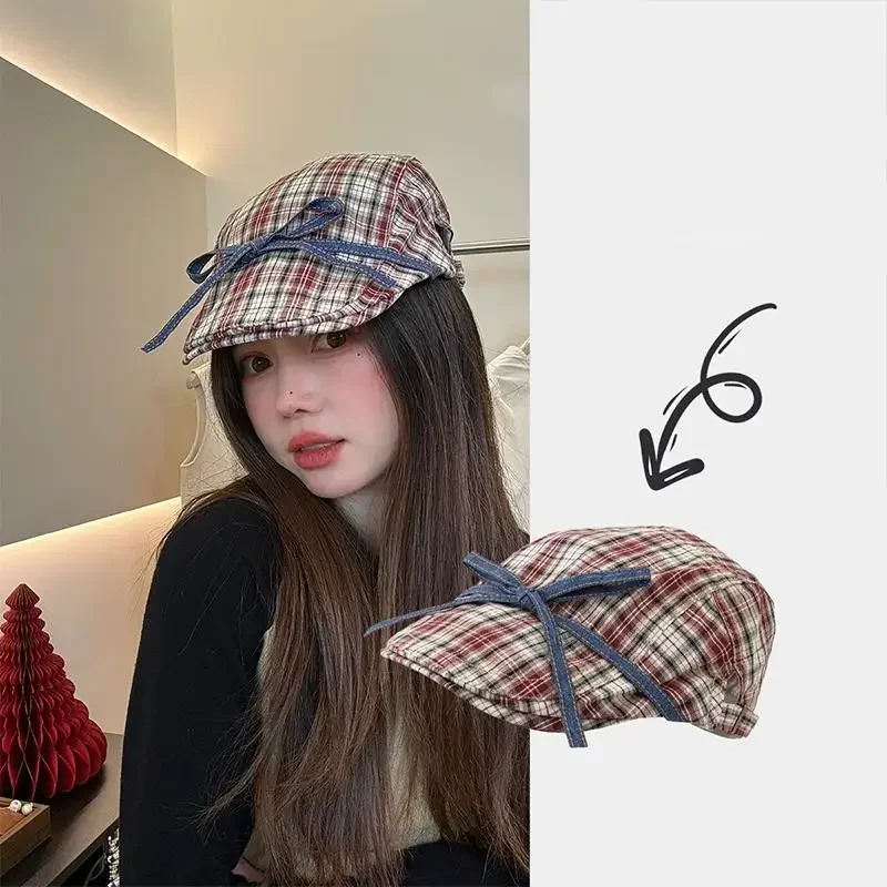 

Retro Style Sweet Stripe Peaked Caps for Women Sweet Cool Versatile Sunshade Forward Hat Blue Bow Knot Girls Delicate Hat