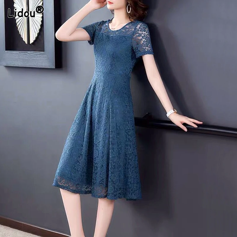 

Elegant Fashion O-neck Lace Patchwork Embroidery Short Sleeve Empire A-line Skirt Solid Color Premium Dress Women's Clothing