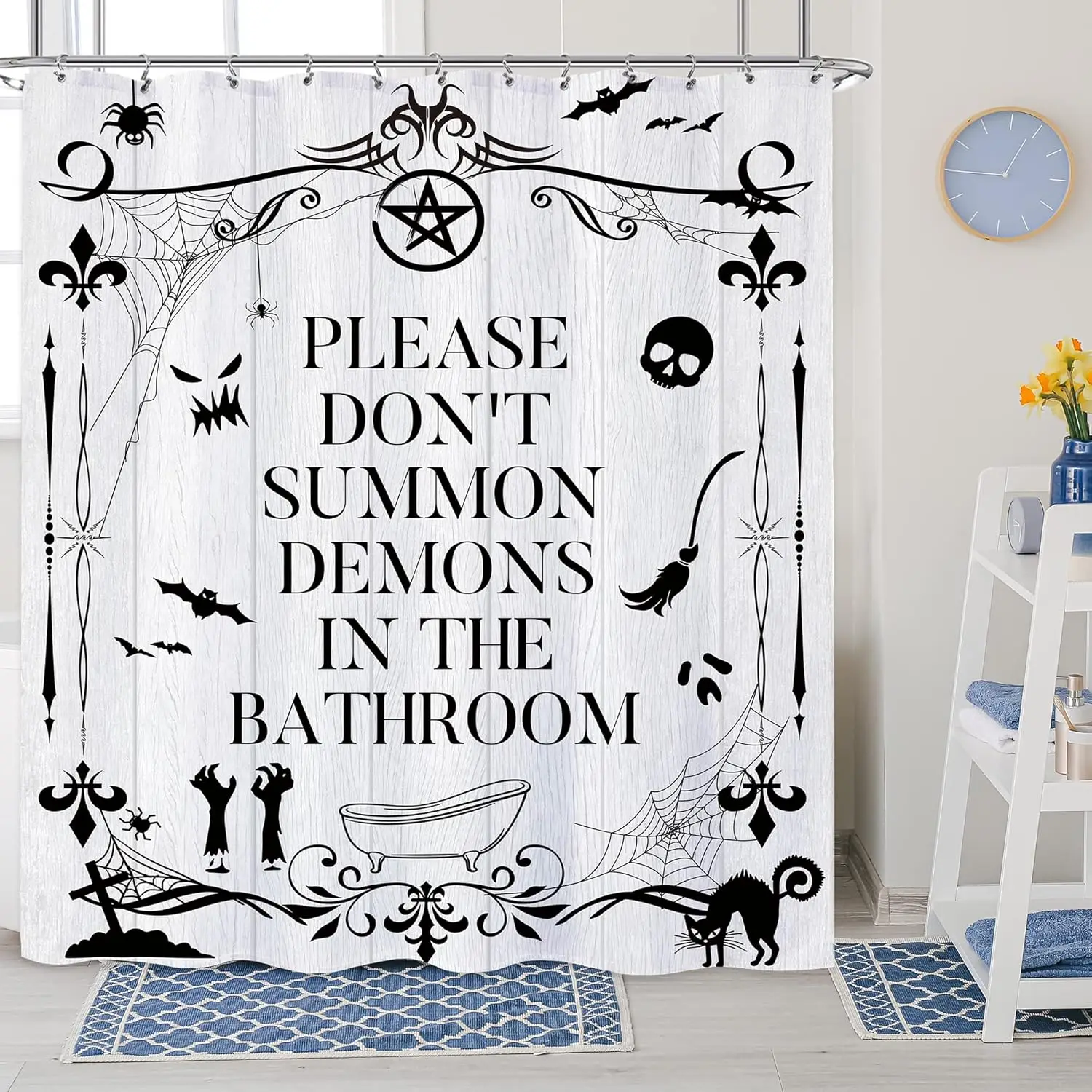 Funny Toilet Rules Shower Curtain Gothic Halloween Goth Witchy Bathroom Signs Horror Fabric Shower Curtain for Bathtub