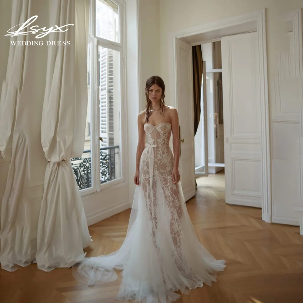 LSYX 2025 Alla moda senza spalline scollo a cuore velo di pizzo sirena abito da sposa lungo treno abbinato eleganti abiti da sposa romantici