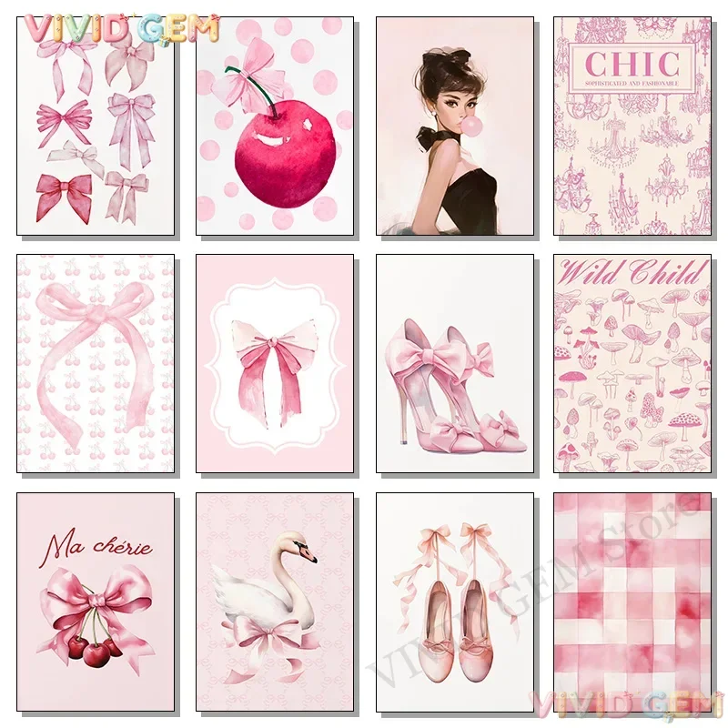 VIVID GEM Classic Fashion Pink Bow Ballet Cherry Cake Retro Posters Prints Canvas Painting Wall Art Picture Living Room Home