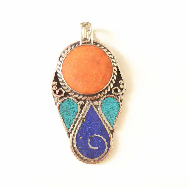 

Nepal Hand Vintage Lovely Pendant Copper Inlay Colorful Stone Pendants TBP483