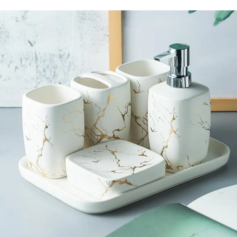 

Marble Frosted Gold Ceramics Bathroom Accessories Set Soap Dispenser/Toothbrush Holder/Tumbler/Soap Dish Tray Bathroom Supplies