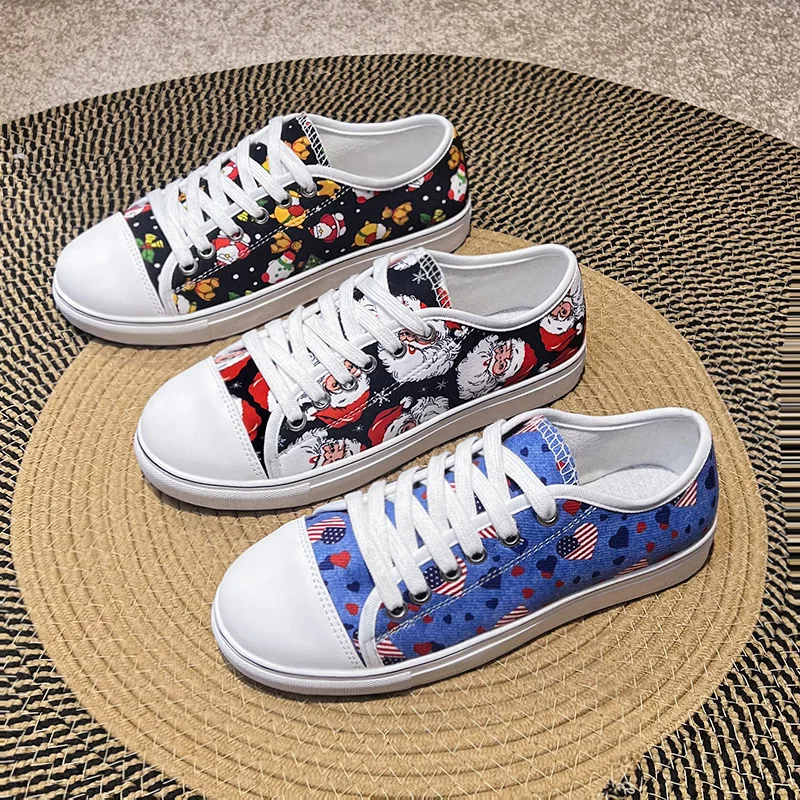 

Cisas Theme S Claus Print Large Size Women's Casual Canvas oes Red Pattern Low Heel round Toe Faionable Leisure